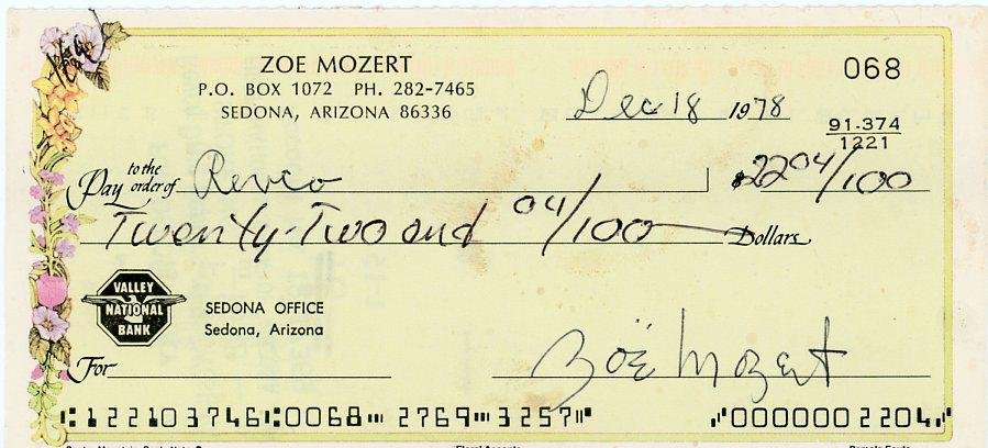 ZoÃ« Mozert-Signed Bank Check (Famous Pin-Up Artist): Bank check drawn off Zoe Mozert's account from 1978. Signed in ballpoint ink nicely by ZoÃ« Mozert. In excellent condition.(1907-1993) ZoÃ« Mozert was an American illustrator. She was also known a