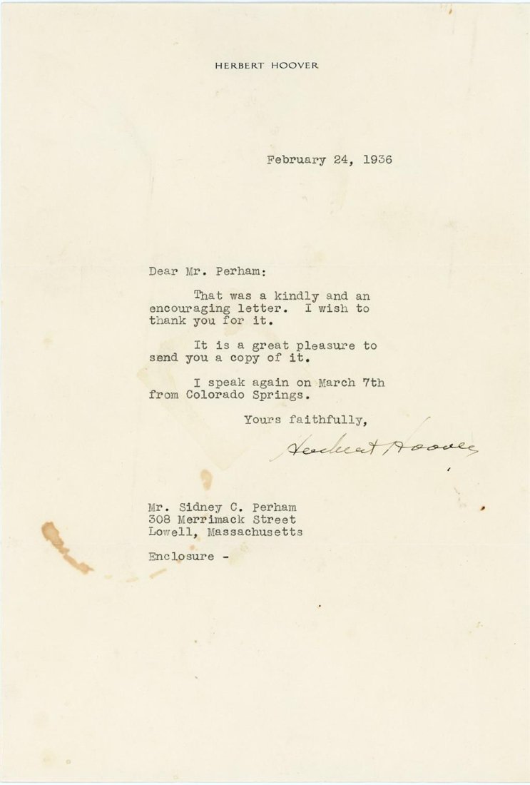 Herbert Hoover- TLS Signed in 1936 (1 of 1)