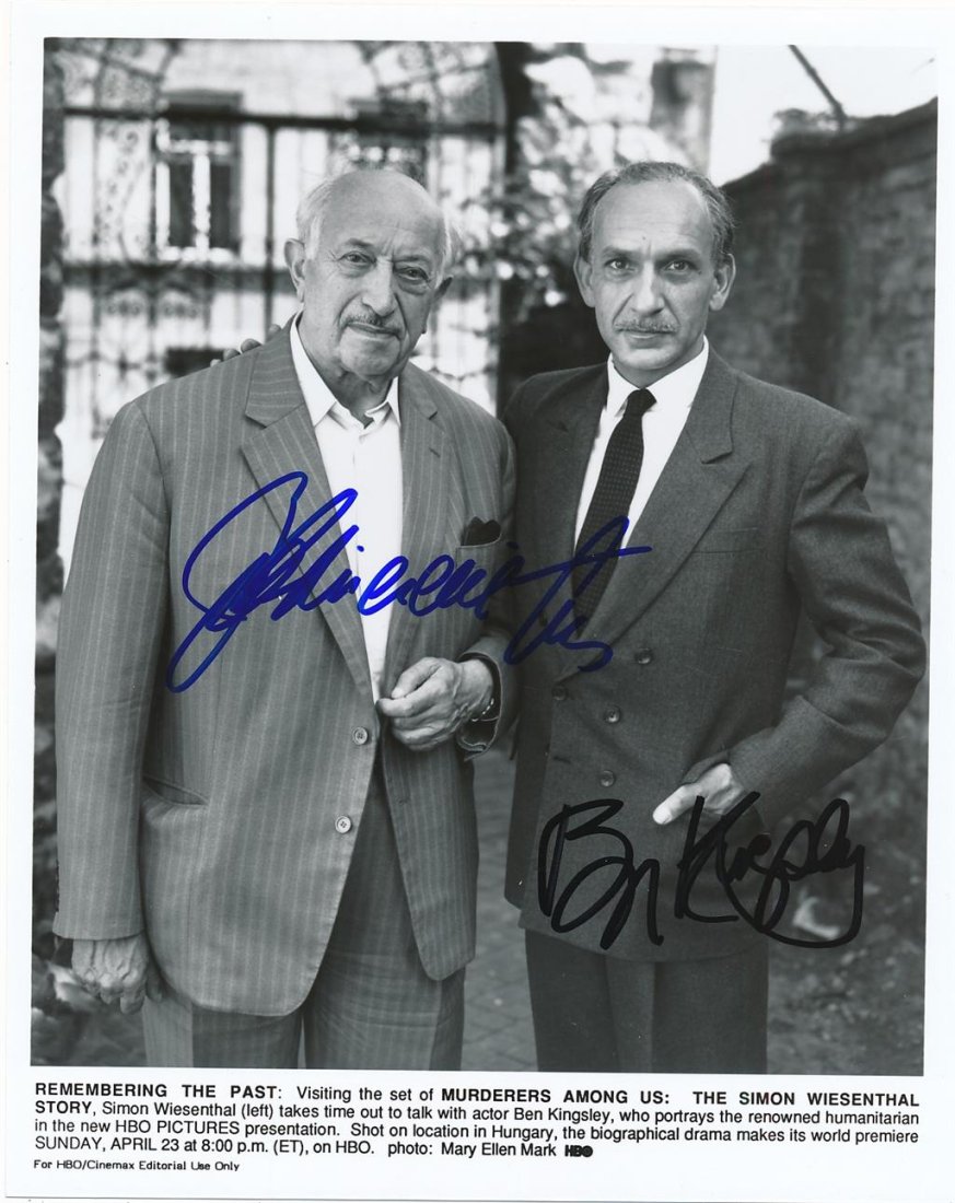 Simon Wiesenthal & Ben Kingsley- Signed Photograph: 8x10 B&W glossy photograph from "Murderers Among Us: The Simon Wiesenthal Story" signed in blue felt tip ink by Simon Wiesenthal and black felt tip ink by Ben Kingsley. In great condition. (1908-2005)