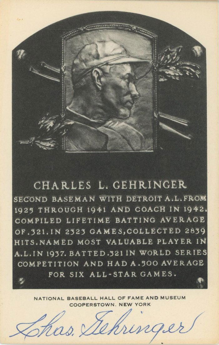 Charlie Gehringer- Signed Vintage Hall of Fame Plaque Card (HOF 1949) (1 of 1)
