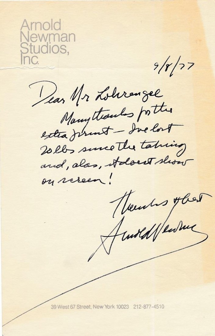 Arnold Newman- Signed Handwritten Letter from 1977 (Famed Photographer): Handwritten letter from 1977 signed in black felt tip ink by Arnold Newman. Minor tear in the upper corner, otherwise, in very good condition. (1918-2006) Arnold Newman was an American photographer, n