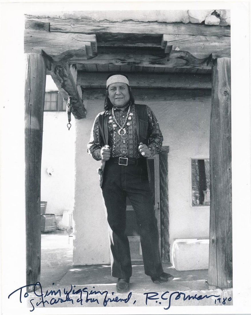 R.C. Gorman-Vintage Signed Photograph ("The Picasso of American Indian Artists"): 8x10 B&W glossy vintage photograph signed "To Jim Wiggins Sincerely your friend, R.C. Gorman 1980" in black felt tip ink. Very minor wear, otherwise, excellent.(1931-2005) R.C. Gorman was a Native Ame
