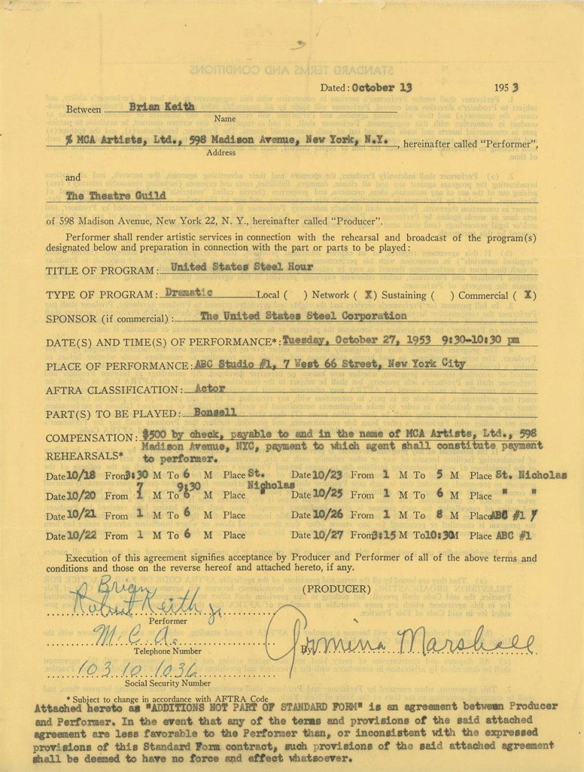 Brian Keith-Signed 1953 Engagement Contract (1 of 1)