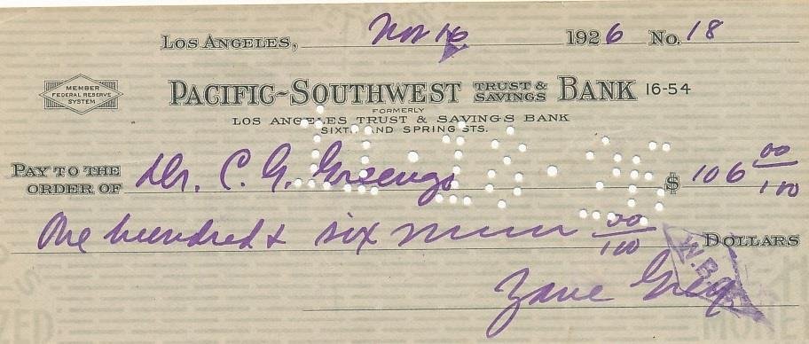Zane Grey- Signed Bank Check from 1926 (Famous Writer) (1 of 1)