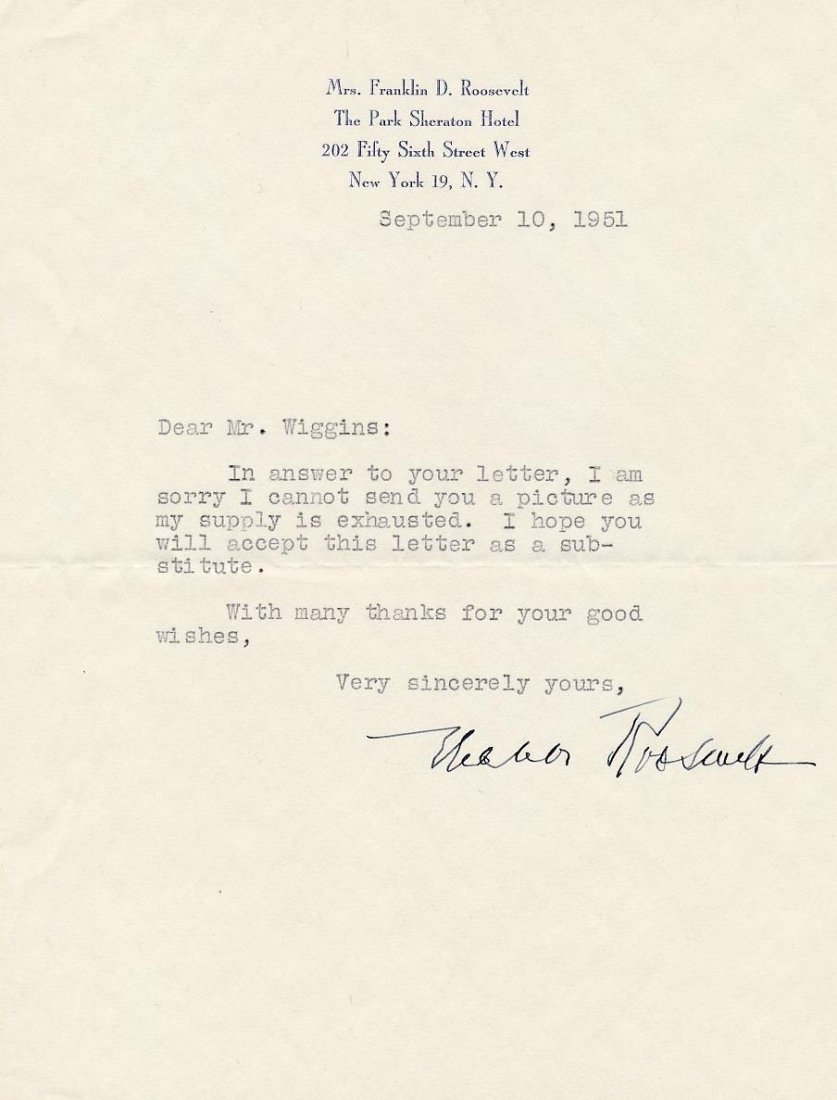 Eleanor Roosevelt TLS on her Personal Letterhead 1951 (1 of 1)