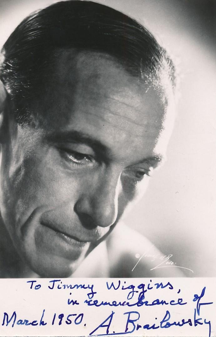 Alexander Brailowsky-Vintage Signed Photo (Famed Chopin Pianist): 3.5x5.5 B&W glossy vintage photograph signed on the lower margin "To Jimmy Wiggins in remembrance of March 1950 A. Brailowsky" in blue fountain pen ink. Excellent condition.(1896-1976) Alexander Brail