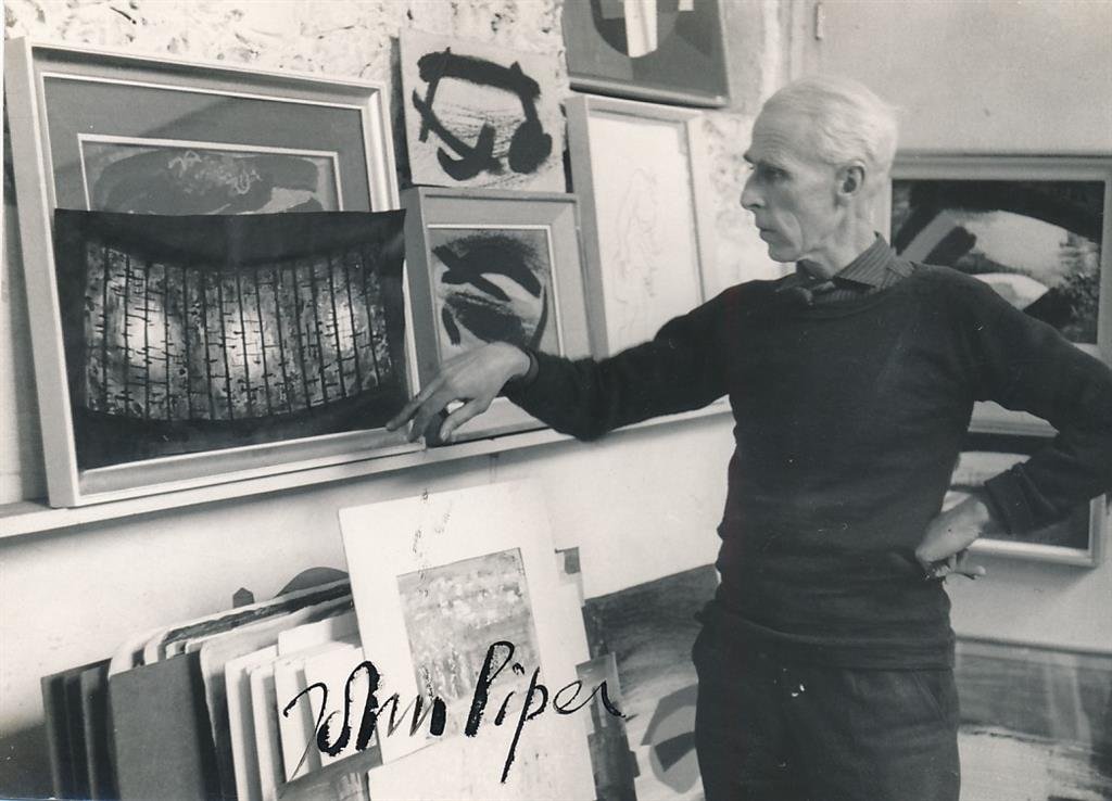 John Piper-RARE Signed Vintage Photo (Official British WWII Artist): 5.5x4 B&W vintage photograph signed in black ink by John Piper. In very good condition. (1903-1992) John Piper was an English painter, printmaker and designer of stained-glass windows and both opera a