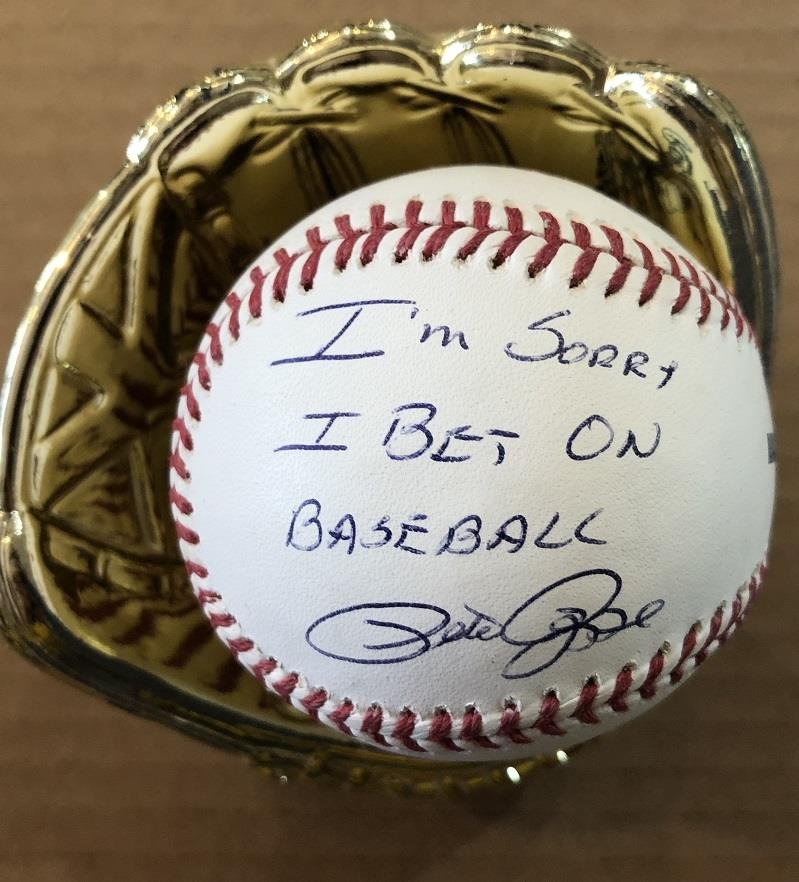 Pete Rose- Signed Baseball "I'm Sorry I Bet on Baseball" JSA: Bud Selig Major League baseball signed on a side panel in ballpoint ink, "I'm Sorry I bet on Baseball, Pete Rose." In mint condition. A JSA sticker affixed, otherwise perfect!