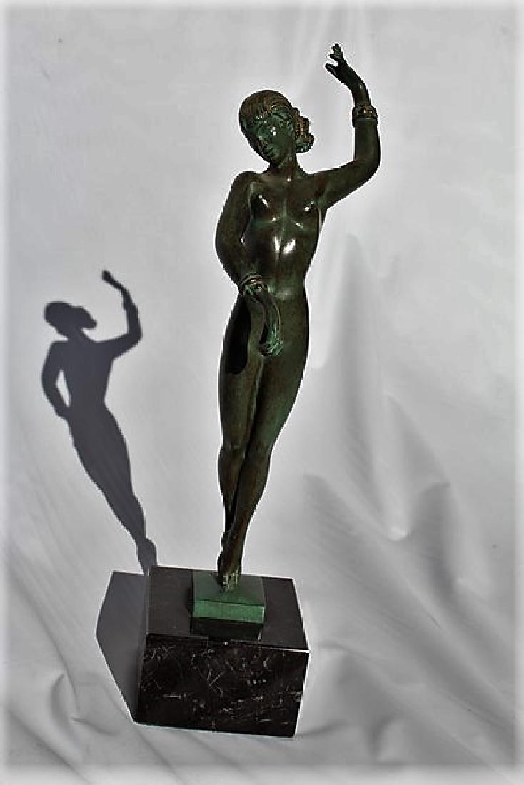 Original Art Deco Figurine: Original Art Deco Figurine of a nude female dancer. Original patina finish and marble base. Signed Guanber. From Max Le Verrier.