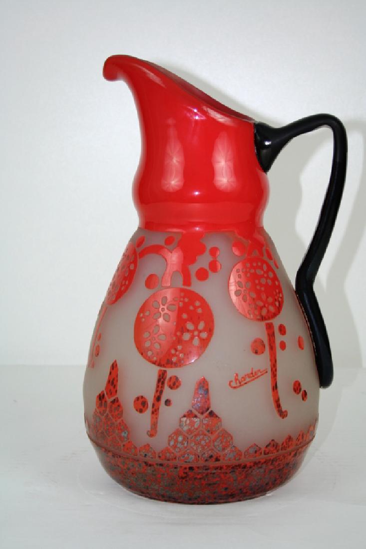 Art Deco Glass Pitcher: Art Deco Glass Pitcher in the style of Charder. Shows signature. 13"H x 7" diameter.