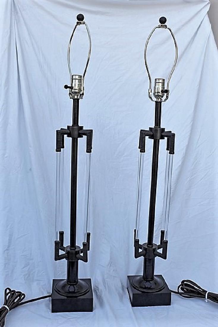 Glass Rod Lamps (Pair): A pair of glass rod lamps cast in bronze. 9 inch harps. No shades.