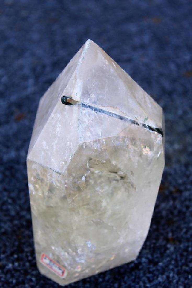Brazilian Rock Crystal: Brazilian Rock Crystal. Rare, with green kyanite spear crown in the side. Approximately 6 inches high and 4 inches wide.