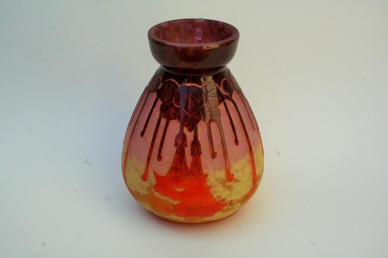 Original Art Glass Vase: Original art glass vase with a cut flower design. Four colors. Signed Charder. 6-1/2"H x 5" Diameter.
