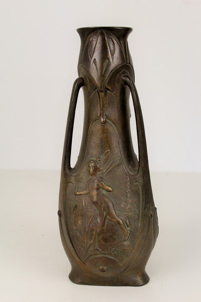 Antique Art Nouveau Pixie Vase: Original Antique Art Nouveau Pixie Vase. Signed J. Garnier. 12"H x 5"W.