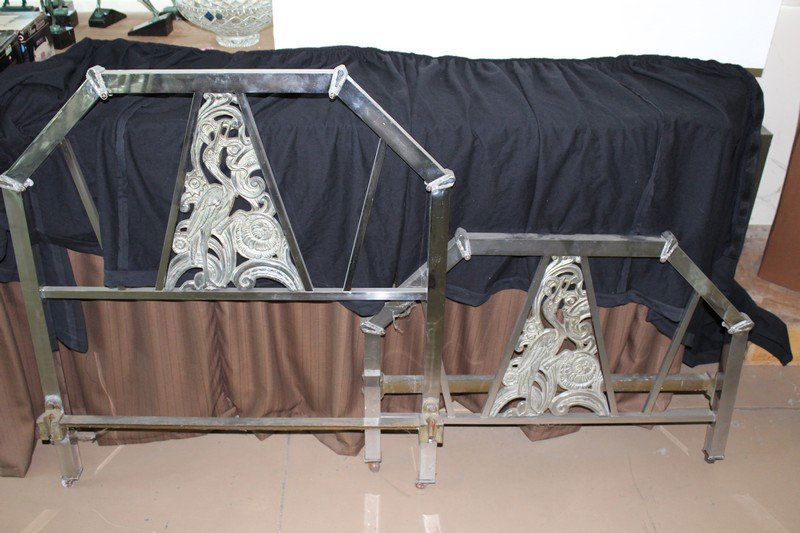 Antique and Original Art Deco Bed Frame: Antique and Original Art Deco Bed Frame. Nickel finish with Crane design. Circa 1920's. 36"W x 39-1/2"H. Twin size?
