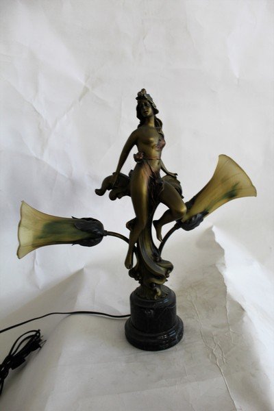 Art Deco Style Lamp: Art Deco Style Lamp of a nude girl with two Lilly shades. Cold cast with multi patinas. Not signed. From Europe. 19\"H.