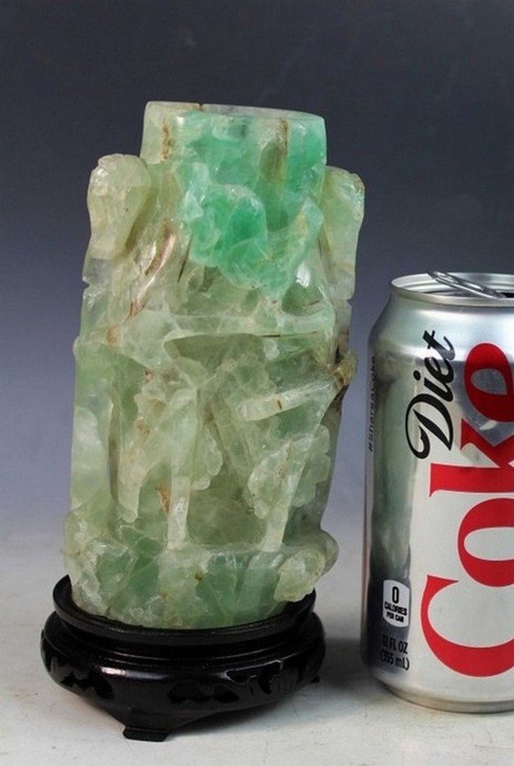 Chinese carved crystal brush pot w,wood stand (1 of 8)