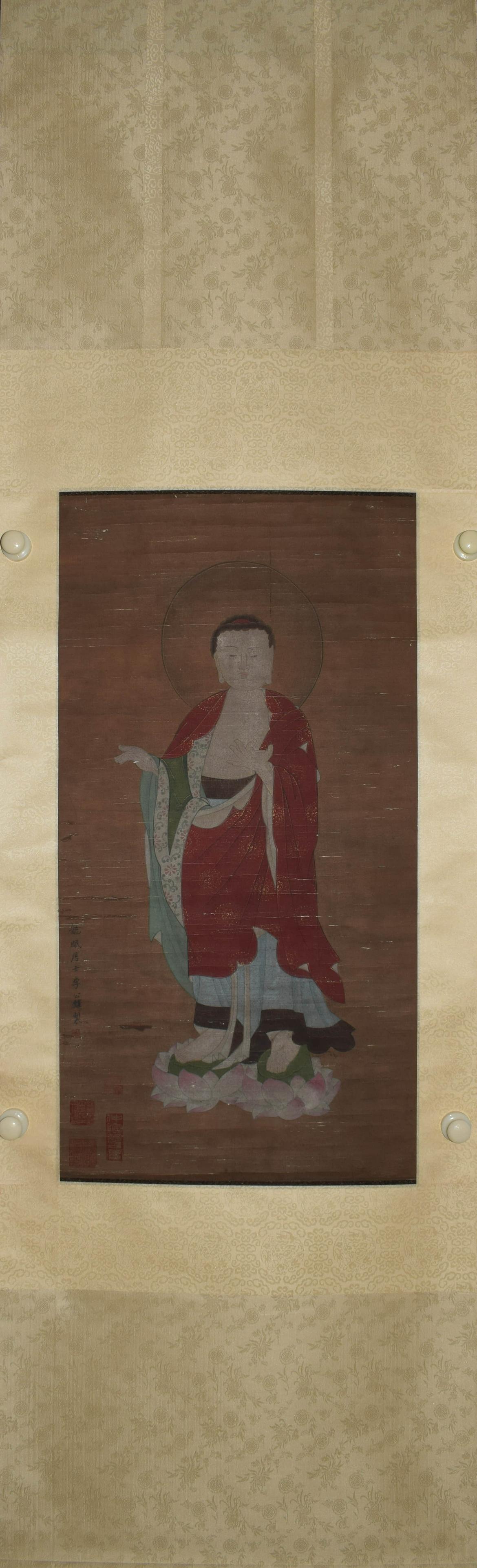 A Chinese Buddha Statue Silk Scroll,Gonglin Li Mark (1 of 5)