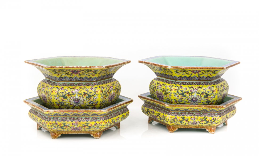 A PAIR OF YELLOW GROUND FAMILLE-ROSE HEXAGONAL (1 of 8)