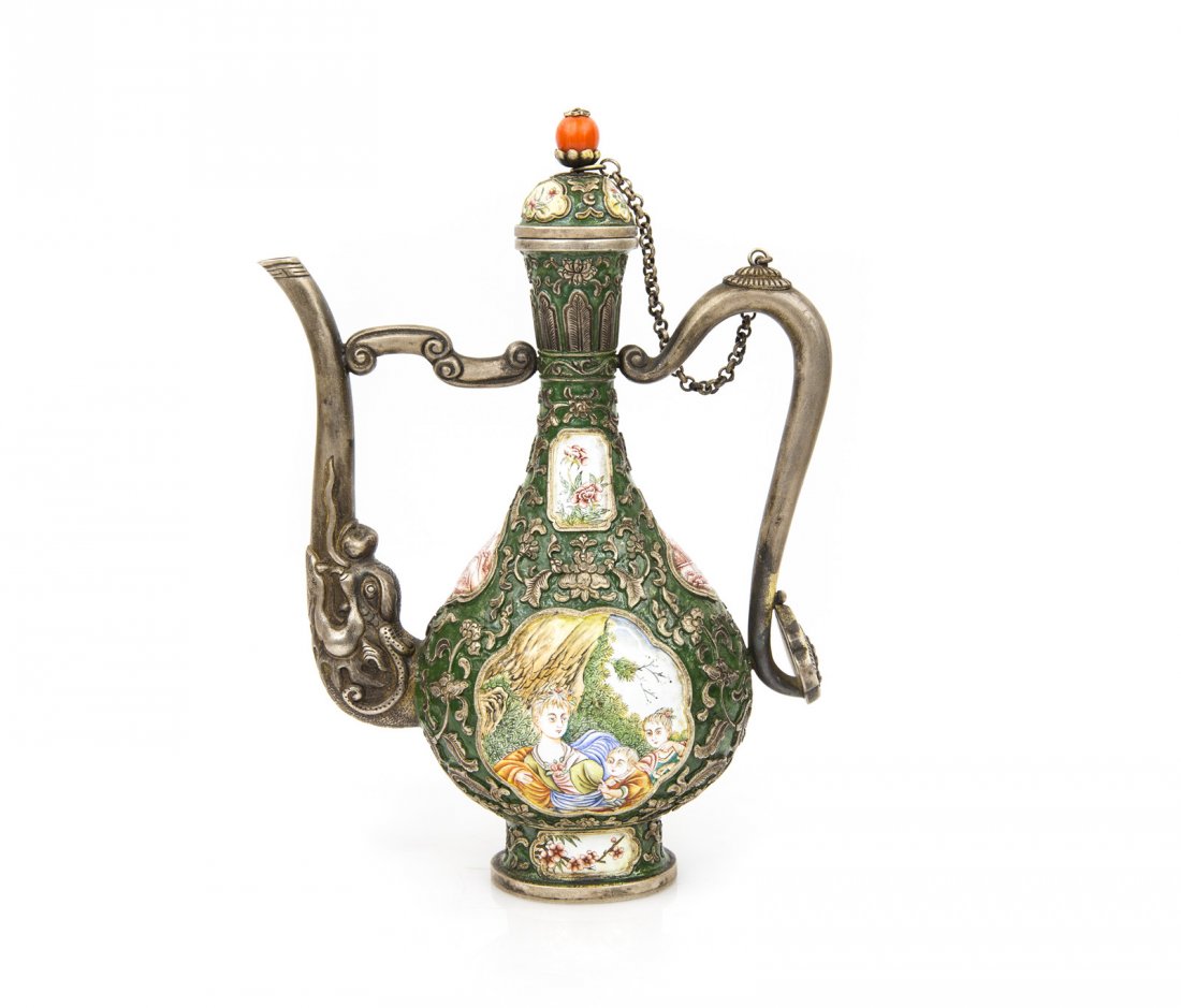 AN ENAMELLED SILVER EWER AND COVER (1 of 6)