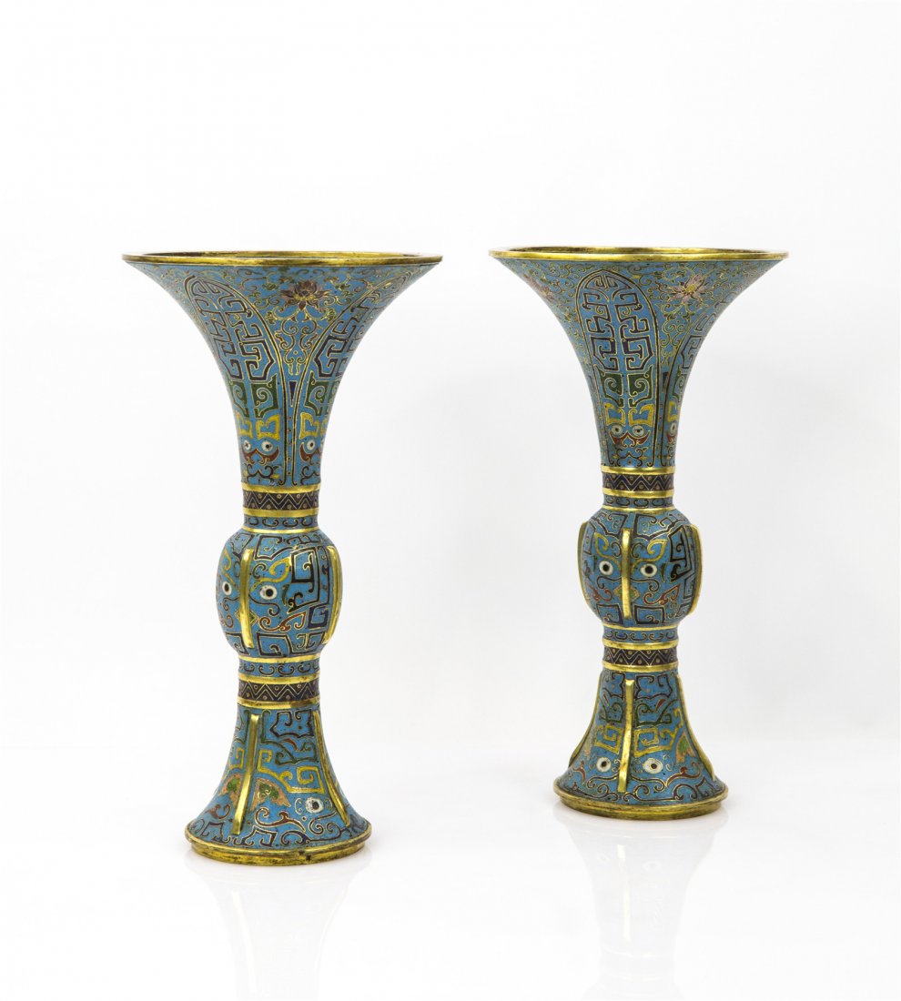 A PAIR OF CLOISONN_ ENAMEL VASES, GU (1 of 5)