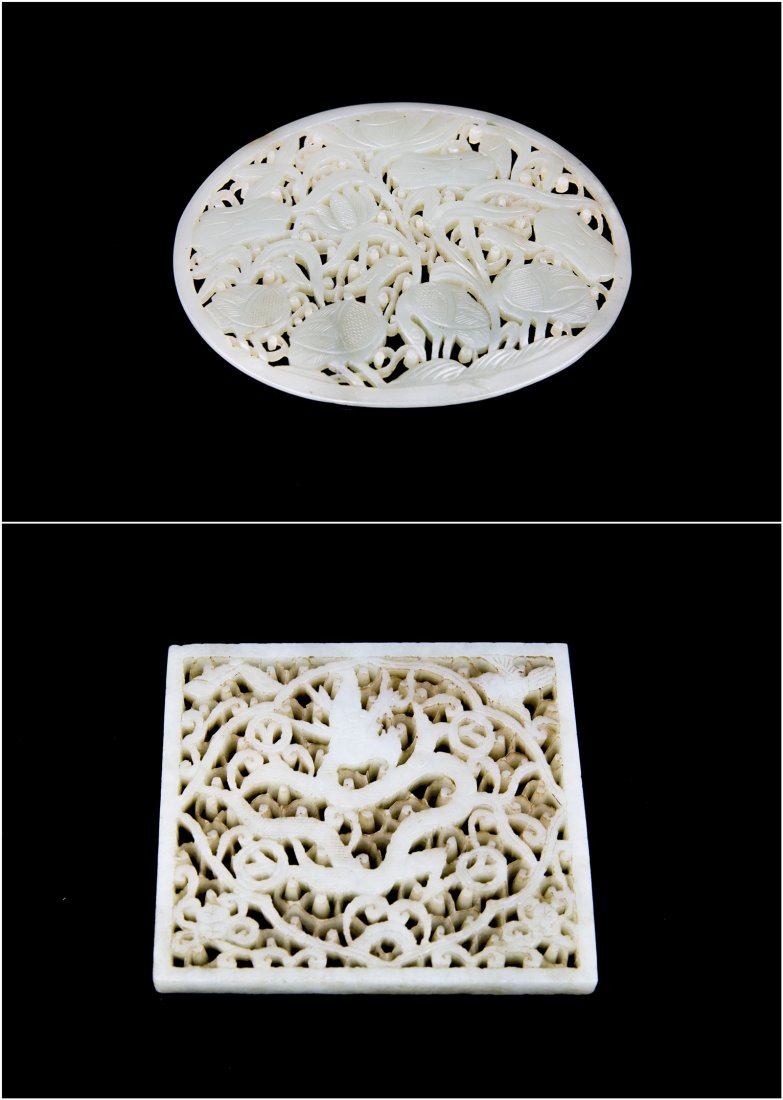 TWO CELADON JADE PLAQUES (1 of 8)