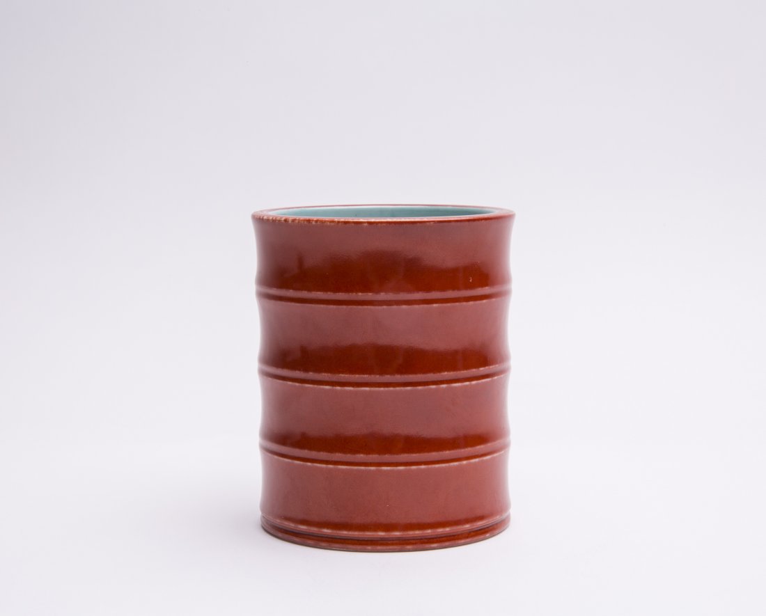 A CORAL-RED GLAZED BRUSH POT (1 of 4)