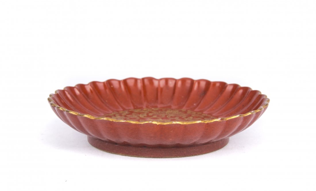 A CORAL-RED GLAZED GILT-DECORATED CHRYSANTHEMUM DISH (1 of 3)