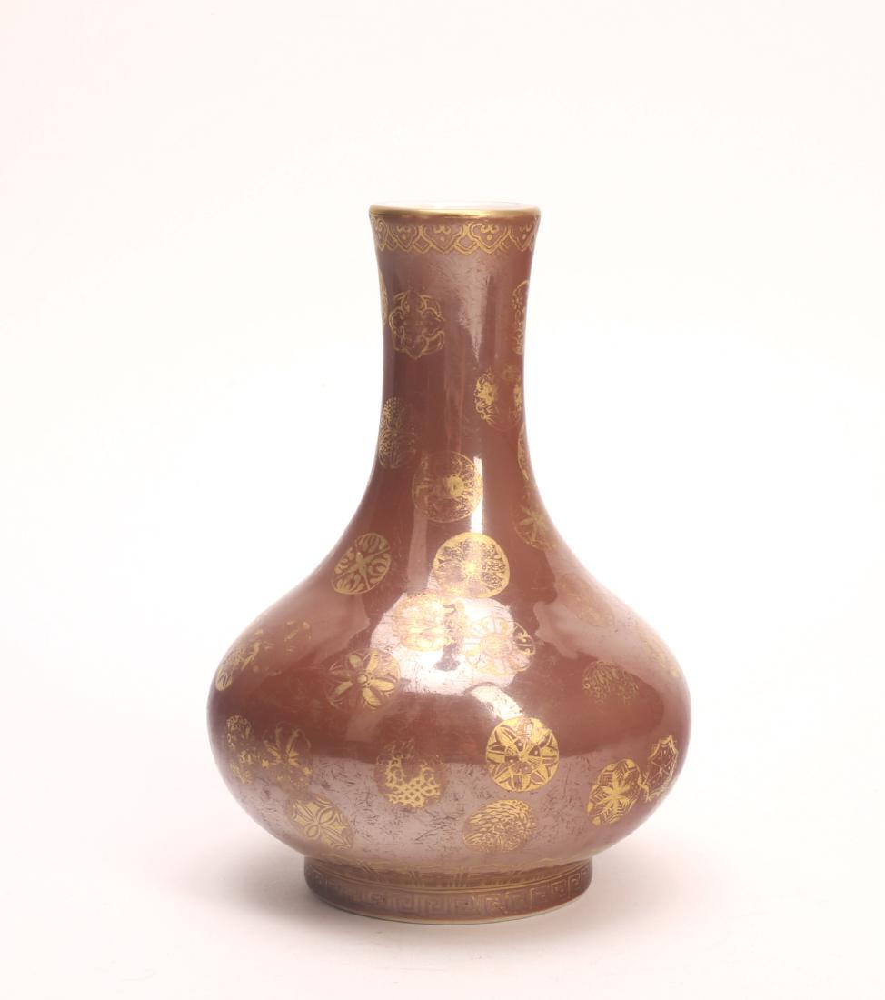 A Chinese Brown Glazed Porcelain Vase with Gold Pattern: A Chinese Brown Glazed Porcelain Vase with Gold Pattern Ht. 5 3/4 in.