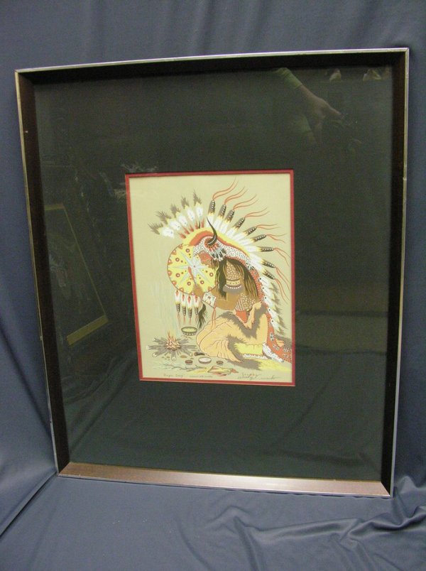 WOODY CRUMBO PRAYER SONG SILKSCREEN: WOODY CRUMBO PRAYER SONG SILKSCREEN Artist: Woody Crumbo (1912-1989 Pottawatomie, Oklahoma), Titled: ''Prayer song'', Signed lower right, Medium: Original silkscreen, Size: 12'' x 9'' sight, 25'' x 21