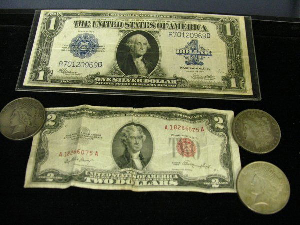 1923 U.S. SILVER CERTIFICATE PLUS 1902 SILVER DOL: 1923 U.S. SILVER CERTIFICATE PLUS 1902 SILVER DOLLAR And 1922-23 silver dollars, 1952 two dollar bill