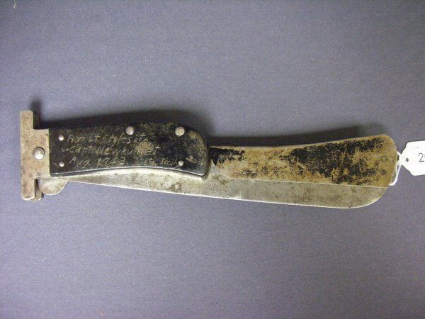 WWII U.S. CATTARAUGUS FOLDING MACHETE: WWII U.S. CATTARAUGUS FOLDING MACHETE Handle scratched from Lt. Styles to Capt. Newkumet Aug. 1943 Geta, Silicy