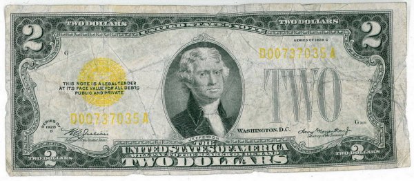 1928 U.S. TWO DOLLAR GOLD NOTE