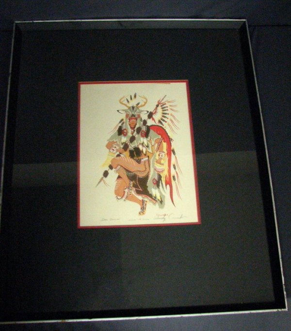 WOODY CRUMBO NATIVE AMERICAN SILKSCREEN: WOODY CRUMBO NATIVE AMERICAN SILKSCREEN Artist: Woodrow Wilson Crumbo (1912-1989) Potawatomi, New Mexico and Oklahoma. Title: Deer Dancer. Medium: Original silkscreen. Signed: Hand signed. Size: Sight