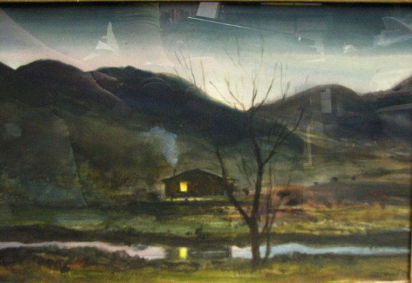 PETER HURD WATERCOLOR NEW MEXICO HOUSE: PETER HURD Roswell New Mexico Title: Hilario's House Medium: Watercolor Signature: Lower right Size:7 3/4 X 12 1/2 The label on the back reads Carlin Galleries Fort Worth TX. Frame: 15 1/2 x 20 1/2