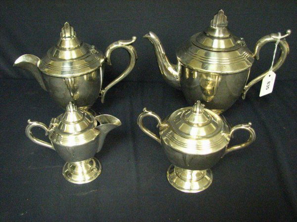 SIR JOHN BENNETT DECO COFFEE TEA SERVICE: SIR JOHN BENNETT DECO COFFEE TEA SERVICE Silverplate - Condition with wear noted dings and some plate loss 4 piece set Coffee pot 8 1/2''