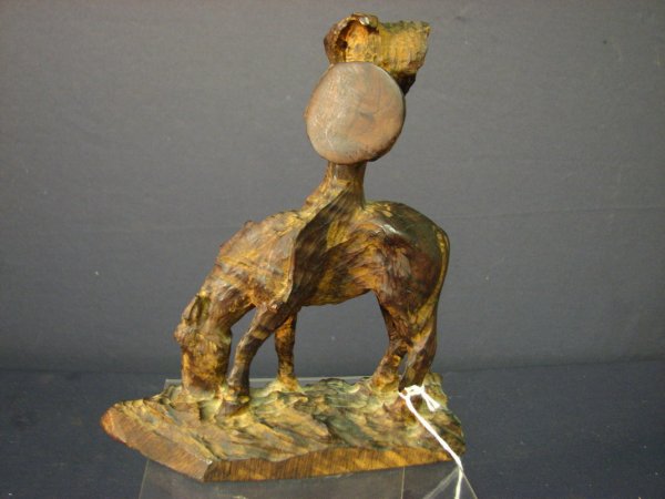 JACK BRYANT WOOD CARVING INDIAN CHIEF ON HORSE: Artist: Jack Bryant Title: unknown Indian Chief with shield on horse Signature: on base in pencil Size: 7'' tall by 6'' base