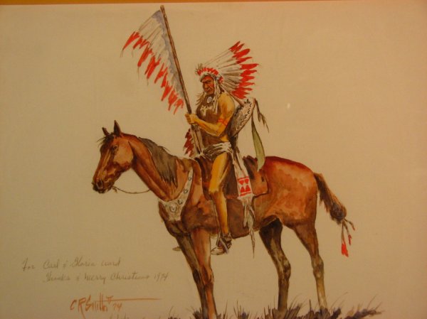 C. R. SMITH 1974 CHRISTMAS CARD WATERCOLOR: Artist: Cletus R. Smith (20th century Oklahoma), Title: Untitled American Indian Chief on Horse, Medium: Water color, Signed: Lower left, inscribed in pen: ''For Carl &Gloria Ward Thanks & Merry Chris