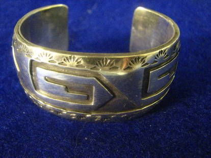 NATIVE AMERICAN HOPI SILVER BRACELET: Signed with engraved ''B'' size'' 6'' end to end x 1 wide