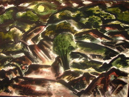 J. JAY MCVICKER WATERCOLOR: Artist: J. Jay McVicker (1911-2004) Stillwater, Oklahoma, Art Professor Oklahoma State University Title: untitled Medium: Watercolor Size: 23 x 32 unframed Note: Unsigned watercolor This watercolor wa