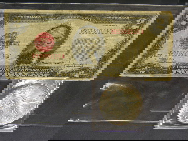ESTATE LOT US CURRENCY AND COIN: ESTATE LOT US CURRENCY AND COIN 1-1986 1 oz US fine silver dollar and a 1928 $2 (two)dollar bill