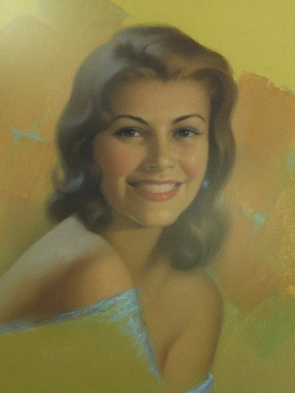 CALENDAR GIRL ART ORIGINAL PEARL FRUSH: PEARL FRUSH (1905 -) UNTITLED - CALENDAR GIRL ORIGINAL PORTRAIT Signature: LOWER RIGHT Size:25 1/2'' X 19 1/2'' FRAME: 29 3/4'' x 23 3/4'' Framed under glass. Condition: Has not been removed from fram