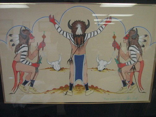 BUFFALO DANCERS by Little Chief Pau-Coon-Daw: Little Chief ''Pau-Coon-Daw'' - Native American BUFFALO DANCERS Medium: Tempura on mat board Signature: Lower Right Size:19 1/2'' x 30 1/2'' FRAME: 29 1/2'' x 40 1/2'' Framed under glass Condition: Ha