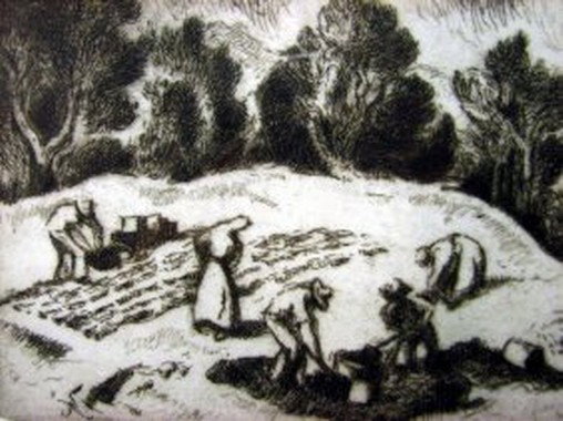 GENE KLOSS ETCHING ARTIST PROOF ADOBE MAKERS: GENE KLOSS ETCHING ARTIST PROOF ADOBE MAKERS Artist: Gene Kloss, Title: The Adobe Makers, Medium: Etching dry point, Signed: Lower right, Artist Proof, Sight: 5 1/2'' x 10'', Frame: 13 1/2'' x 18 1/2'