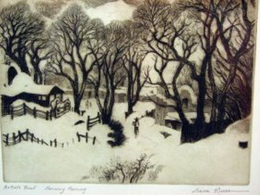 GENE KLOSS ARTIST PROOF JANUARY MORNING: GENE KLOSS ARTIST PROOF JANUARY MORNING Artist: Gene Kloss (1903-1996) Title: January Morning Medium Etching dry point Signed: Lower right , lower left artist proof & title Size 7 1/2 x 9 frame 16 x 1