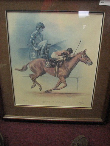 FRED STONE AFFIRMED LIMITED EDITION PRINT: FRED STONE AFFIRMED LIMITED EDITION PRINT Artist: Fred Stone Title: Affirmed, Steve Cauthen Up! Medium: Limited Edition Print Signed: Lower Right, 1978 Sight: 24'' x 20'' Frame: 35'' x 31'' Estimate 1