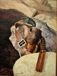 JACK BRYANT PAINTING HOLSTER & GUN: JACK BRYANT PAINTING HOLSTER & GUN Artist: Jack Bryant Title: untitled still life of holstered gun in rocks Medium: Oil on canvas Signed Size:17 1/2 x 23 1/2 Frame 23 1/4 x 29 Estimate 200 - 800