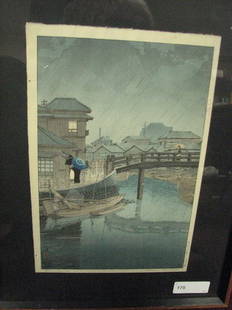 KAWASE HASUI WOODBLOCK PRINT SHINGAWA: Kawase HASUI 1883 - 1957 Japanese KAWASE HASUI WOODBLOCK PRINT SHINGAWA Medium: woodblock print Signature: lower right Size:15'' x 10 1/4'' Frame: 21'' x 17''; under glass; mounted to matt board Estim