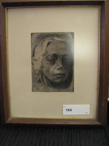 KAETHE KOLLWITZ SELF PORTRAIT ETCHING: Kaethe Kollwitz 1867 - 1945 German KAETHE KOLLWITZ SELF PORTRAIT ETCHING Medium: etching Signature: embossed stamp lower rt Size:10 1/2'' x 8 1/2'' Frame 12 1/2'' x 10 1/2'' dated 1912 in embossed sta