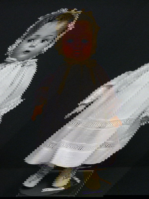 15IN BRUNO SCHMIDT FLIRTY EYED TODDLER NO.2097 3: 15IN BRUNO SCHMIDT FLIRTY EYED TODDLER NO.2097 3 Character toddler, 10 piece ball jointed body, blue flirty eyes, brown hair, open mouth with two teeth, darling doll Costume: all original cream colore